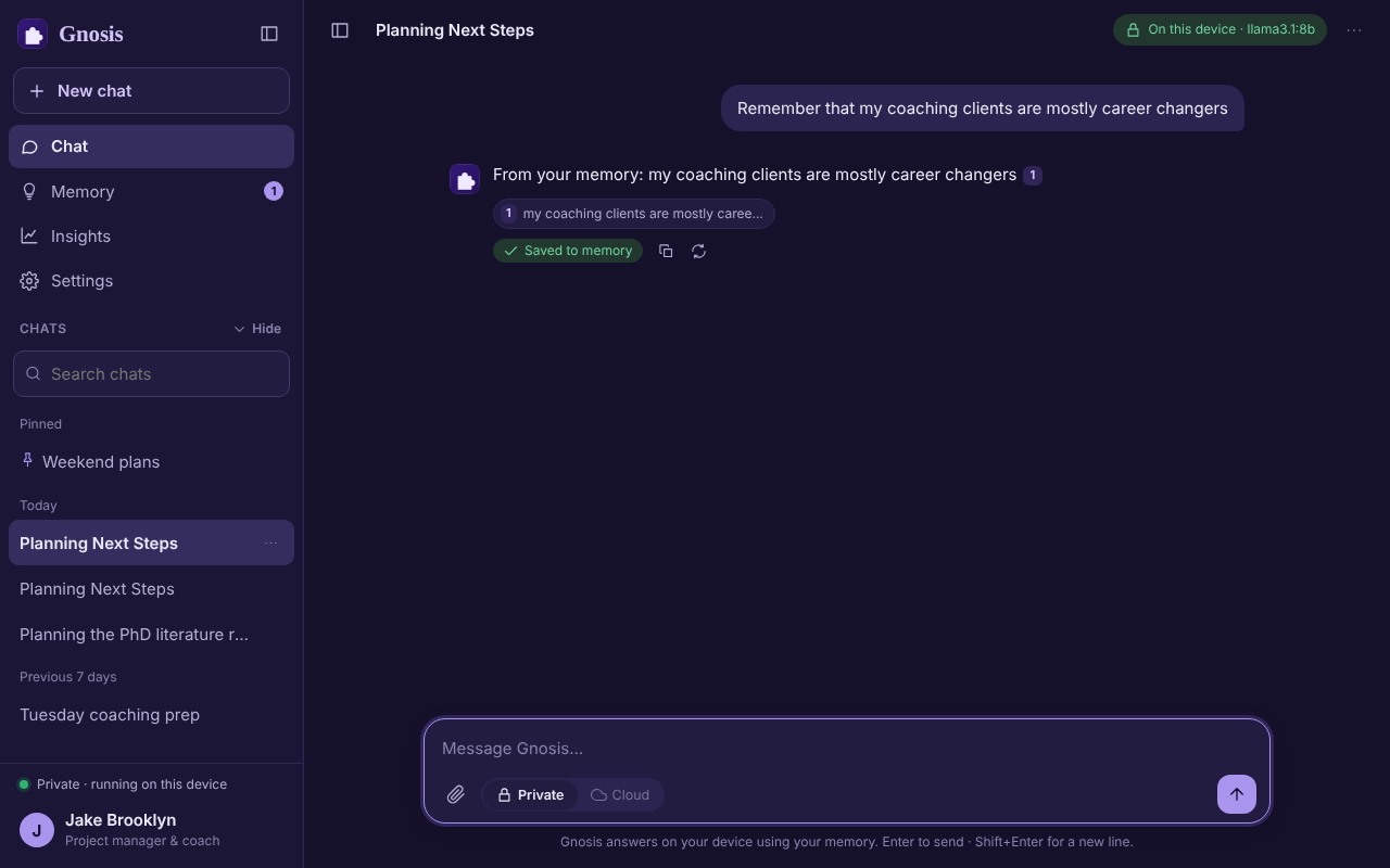 The Gnosis chat window in dark mode, answering from a saved note with a source chip.