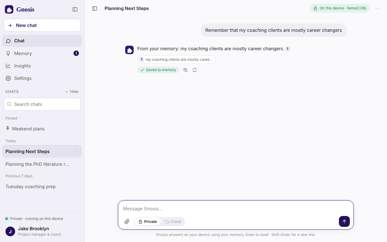 The Gnosis chat window. A question is answered from a saved note, with a numbered source chip under the reply.